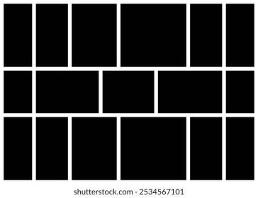 Plantilla de Vector de collage de fotos, cuadrados de mosaico aleatorio, rectángulos en blanco y negro. espacio vacío para sus Fotos, Ilustración vectorial.