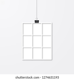 Photo collage vector template. Realistic white paper photo frame hanging with binder clips. Wedding album page layout. Free space for your image or photography.