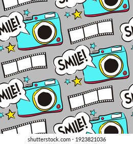 Photo comics seamless pattern in pop art style. Bright cartoon background with films, stars, cameras and speech bubbles. Slogan: Smile! Vector illustration.