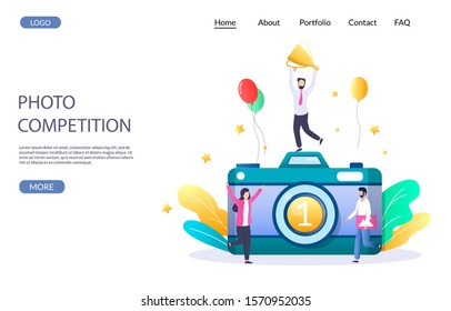 Photo competition vector website template, web page and landing page design for website and mobile site development. Photography contest winner micro male character with cup standing on huge camera.