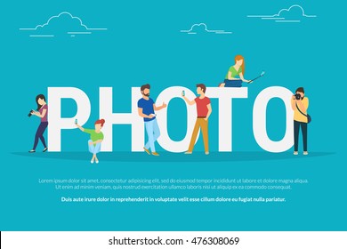 Photo concept illustration of young people using smartphones with sticks and lens camera for taking photos. Flat people standing and sitting near letters photo