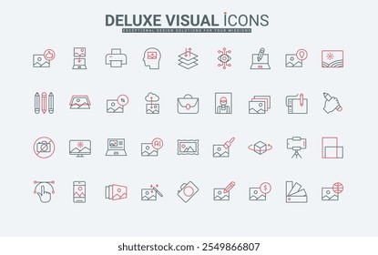 Criação e edição de conteúdo de fotos, geração de imagens AI, galeria de imagens conjunto de ícones de linha. Filtros AI, série de fotografias em álbum fino preto e vermelho esboço símbolos ilustração vetorial