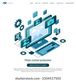 Photo content production flat 3d isometric vector concept illustration