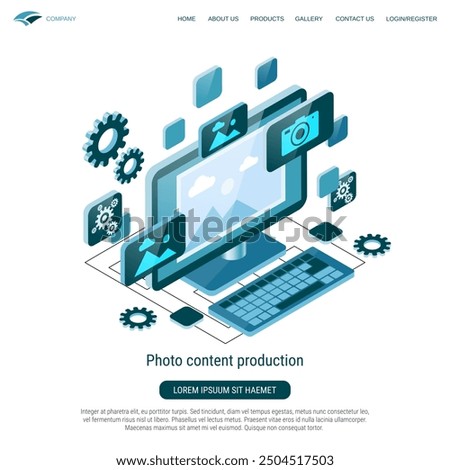 Photo content production flat 3d isometric vector concept illustration