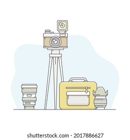 Photo Content Production with Optical Camera Instrument on Tripod Line Vector Illustration