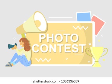 Photo Contest Announcement In Frame, Megaphone, Award Cup And Young Girl Taking Photo With Camera. Vector Flat Style Design Illustration. Photography Competition, Event Poster, Banner Etc.