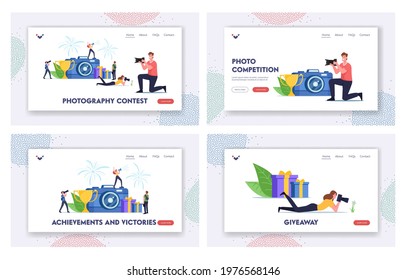 Photo Contest Landing Page Template Set. Characters Take Part in Photography Competition, Professional Tournament. Tiny Photographers Shoot with Camera at Huge Cup. Cartoon People Vector Illustration