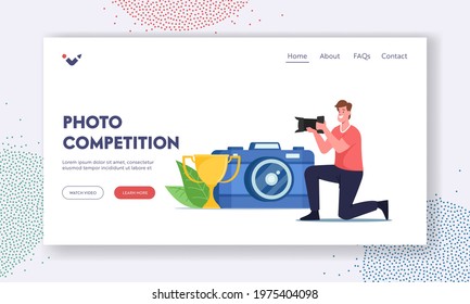 Photo Contest, Tournament Landing Page Template. Photographer Character Take Part in Photography Competition Shoot Pictures with Professional Camera near Golden Cup. Cartoon People Vector Illustration