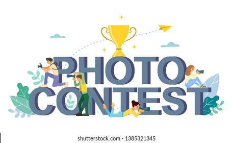 Photo contest words in capital letters, award cup, boys and girls taking photo with cameras. Vector flat style design illustration. Photography competition concept for web banner, website page etc.