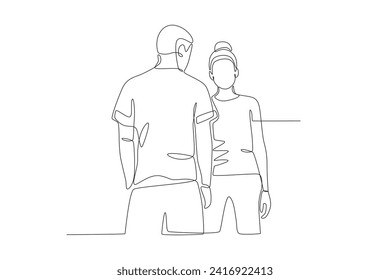 Photo of a couple facing different directions. Couple one-line drawing