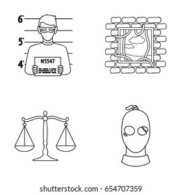 Photo of a criminal, escape from prison, scales of justice, a thief in a mask. Crime set collection icons in outline style vector symbol stock illustration web.