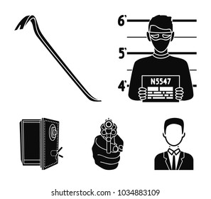 Photo of criminal, scrap, open safe, directional gun.Crime set collection icons in black style vector symbol stock illustration web.
