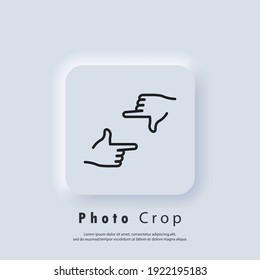 Photo Crop icon. Hands frame cropping gesture icons. Hands holding photo camera shutter. Director s hand gesture of process of movie production. Vector EPS 10. Neumorphic UI UX