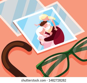photo of cute old couple hugged with glasses and cane
