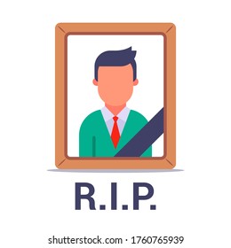 photo of a dead man with a black ribbon. wake of the dead. Flat vector illustration isolated on white background.