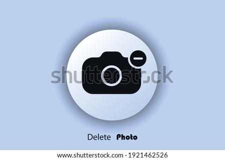 Photo delete icon, flat, minus camera icon, user interface icon, picture delete button. Neomorphism. Vector EPS10