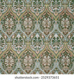 The photo depicts a background pattern with motifs and symmetrical designs. It appears to be a piece of fabric or a decorative tile.