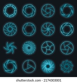 Photo diaphragm set. Illustration of 16 photo diaphragm vector icons neon color on black