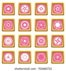 Photo diaphragm set. Simple illustration of 16 photo diaphragm vector icons set in pink color isolated vector illustration for web and any design
