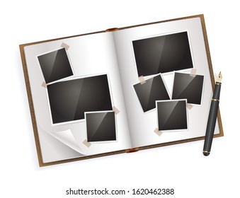 Photo diary page with realistic photo frames and pen