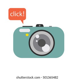 Photo digital camera with click speech bubble. Camera vector flat style illustration.