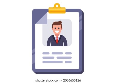 photo and dossier of a person on paper. flat vector illustration.