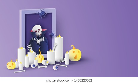 Photo of Dracula skeleton in picture frame with candles, pumpkins, eyes, spider and skeletons decorated on Halloween. Graphic design for Halloween. paper cut and craft style. vector, illustration.