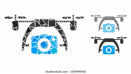 Photo drone mosaic of inequal parts in various sizes and color hues, based on photo drone icon. Vector unequal parts are combined into collage. Photo drone icons collage with dotted pattern.