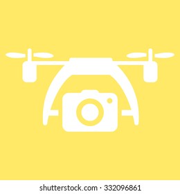 Photo Drone vector icon. Style is flat symbol, white color, rounded angles, yellow background.