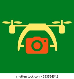 Photo Drone vector icon. Style is bicolor flat symbol, orange and yellow colors, rounded angles, green background.