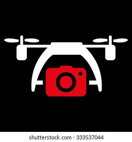 Photo Drone vector icon. Style is bicolor flat symbol, red and white colors, rounded angles, black background.