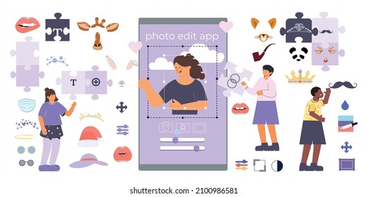 Photo edit app set of flat isolated human characters with doodle stickers and puzzle face masks vector illustration