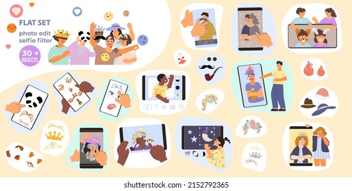 Photo edit composition with set of flat isolated stickers face masks and smartphones with touchscreen apps vector illustration