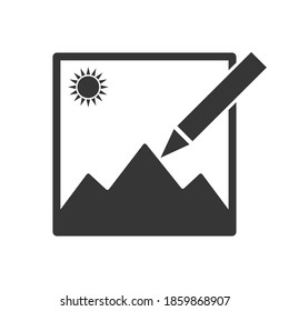 Photo edit icon. Image in line style. Attach and edit picture. Symbol of photo gallery or album. Vintage background for photography and media. Design of interface for app, web. Graphic frame. Vector.