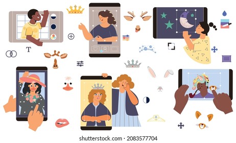 Juego de instrumentos de edición fotográfica con iconos aislados planos de pegatinas de doodle y pantallas de smartphone con ilustración de vector de manos