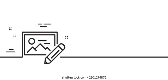 Photo edit line icon. Image thumbnail with pencil sign. Picture placeholder symbol. Minimal line illustration background. Photo edit line icon pattern banner. White web template concept. Vector