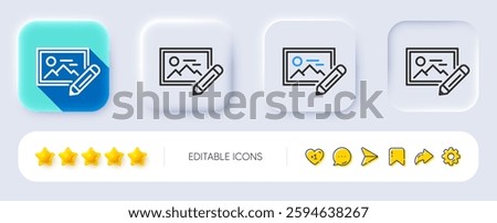 Photo edit line icon. Neumorphic, Flat shadow, 3d buttons. Image thumbnail with pencil sign. Picture placeholder symbol. Line photo edit icon. Social media icons. Vector