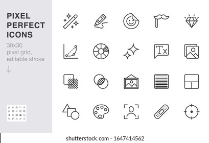 Photo edit line icon set. Image filter, add sticker, adjust curves, glow, heal minimal vector illustration. Simple outline signs for photography application ui. 30x30 Pixel Perfect. Editable Strokes.