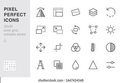 Photo edit line icon set. Flip, crop image, color filter, adjust effects, contrast minimal vector illustration. Simple outline signs for photography application. 30x30 Pixel Perfect. Editable Strokes.