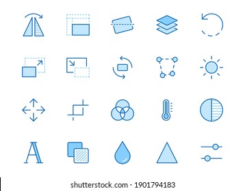 Photo edit line icon set. Flip, crop image, color filter, adjust effects, contrast minimal vector illustration. Simple outline signs for photography application. Blue color, Editable Stroke.