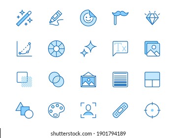 Photo edit line icon set. Image filter, add sticker, adjust curves, glow, heal minimal vector illustration. Simple outline signs for photography application ui. Blue color, Editable Stroke.