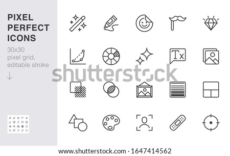 Photo edit line icon set. Image filter, add sticker, adjust curves, glow, heal minimal vector illustration. Simple outline signs for photography application ui. 30x30 Pixel Perfect. Editable Strokes.