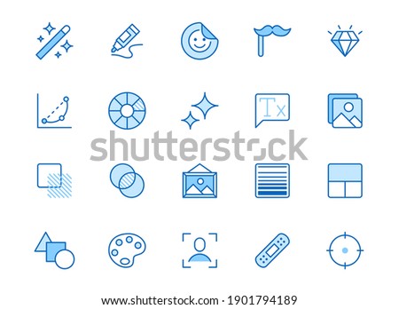 Photo edit line icon set. Image filter, add sticker, adjust curves, glow, heal minimal vector illustration. Simple outline signs for photography application ui. Blue color, Editable Stroke. Foto d'archivio © 