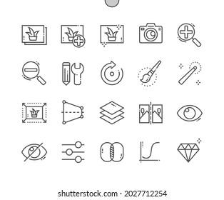 Photo Editing. Autocorrect and rotation. Image retouch, mobile interface and editor. Double exposure. Pixel Perfect Vector Thin Line Icons. Simple Minimal Pictogram