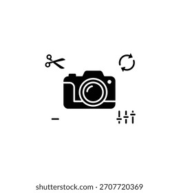 Icono de la cámara de edición de fotos. Cámara con Editar Tools. Símbolo de edición de Imagen.