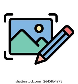 ícone de edição de fotos ilustração de estilo de linha plana representando aprimoramento de imagem e ajustes visuais, adequado para fotografia, design gráfico e projetos de criação de conteúdo digital