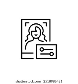 Photo editing icon. Minimalist vector illustration of a portrait photo with editing sliders, representing image enhancement, photography, and digital retouching