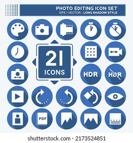 Conjunto de iconos de edición de fotos. adecuado para el símbolo de interfaz Web. estilo de sombra larga. diseño simple editable. vector de plantilla de diseño. ilustración de símbolo simple