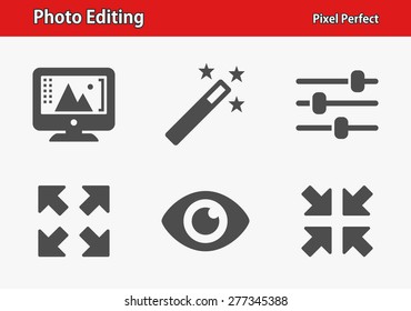 Photo Editing Icons. Professional, pixel perfect icons optimized for both large and small resolutions. EPS 8 format. Designed at 32 x 32 pixels.