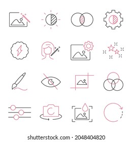 Conjunto de iconos de edición de fotos. Símbolo del paquete de edición de fotos vectores para web de infografía
